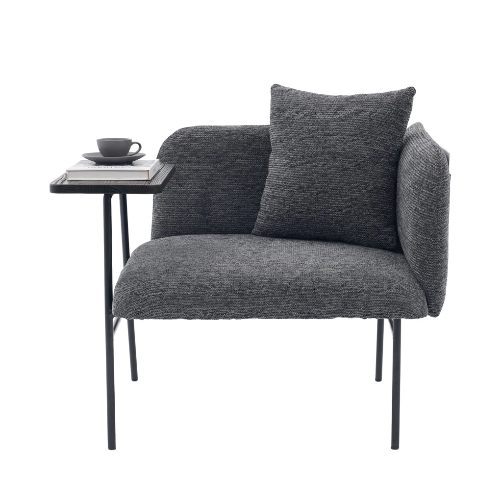 Poltrona con tavolino laterale e tasche portaoggetti, seduta ergonomica in ciniglia per salotto, grigio scuro