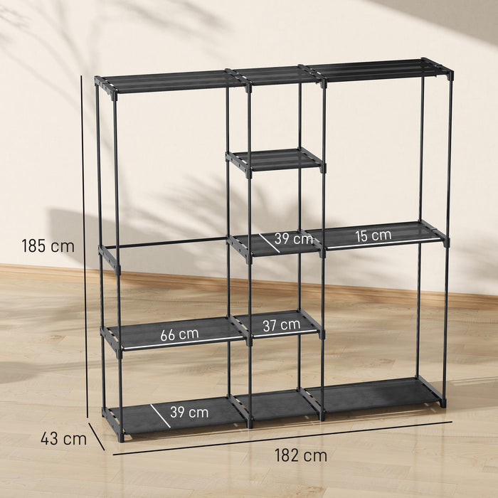 Armadio Guardaroba 182x43x185 cm con 8 Ripiani e 3 Aste per Appendere in Tessuto Nero