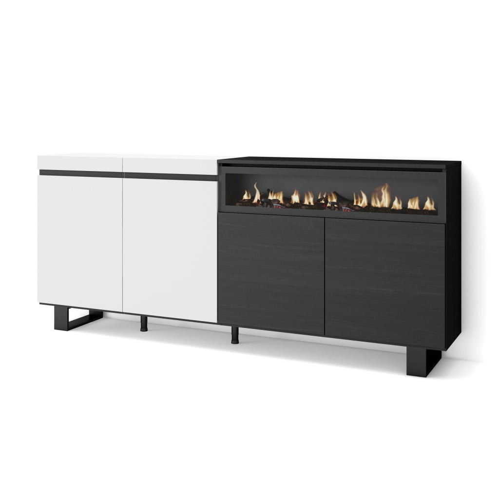Credenza, Mobile, 200x35x87cm, 4 Porte, Camino elettrico, Design industriale, Bianco e nero RF2398