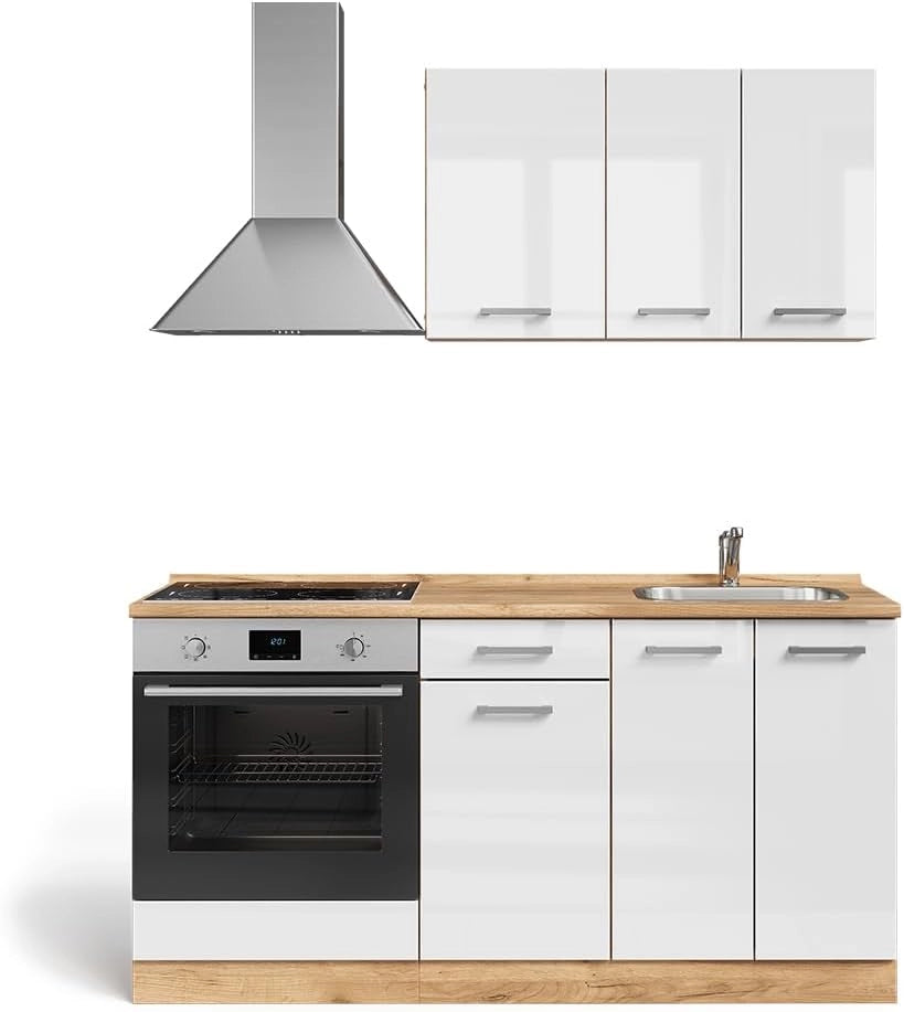 Cucina completa R-Line, Bianco lucido/oro power oak, 160 cm con base forno e lavello con PT