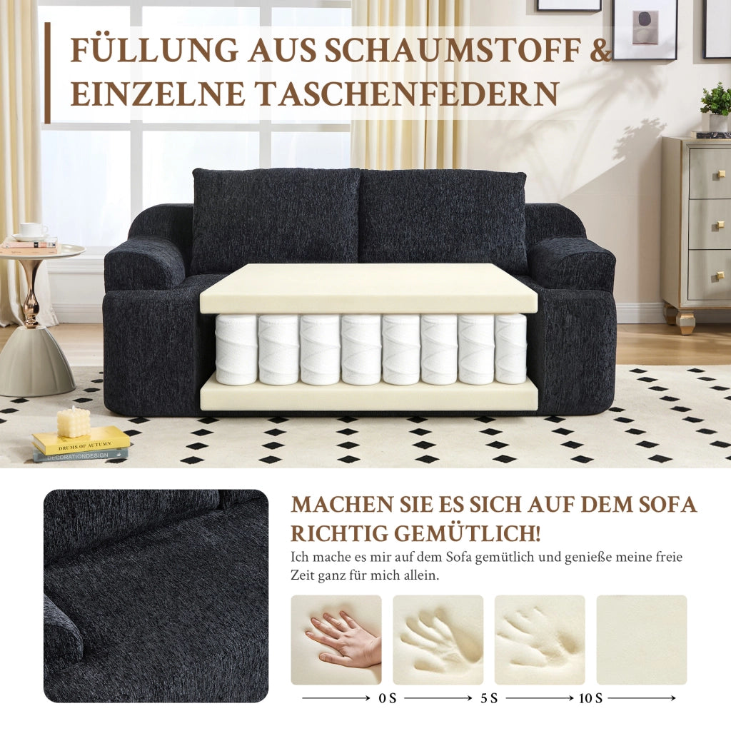 Divano modulare a due posti in tessuto con cuscini extra, comfort alto ed effetto rilassante, nero