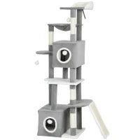 Albero Tiragraffi per Gatti con 2 Casette, Rampa, Trespoli e 4 Palline, 48x40x165 cm, Grigio e Bianco