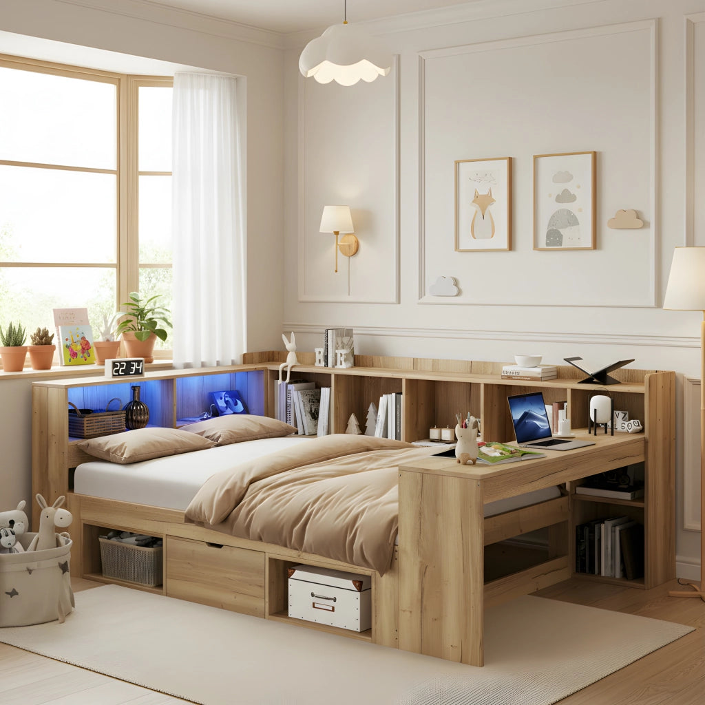 Letto Singolo Contenitore in Legno con LED, Cassetti e Scrivania ¨C MINIMAL ¨C 140x200