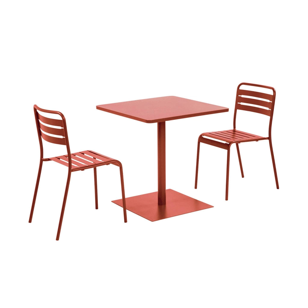 Set tavolo da giardino quadrato in acciaio con 2 sedie, terracotta