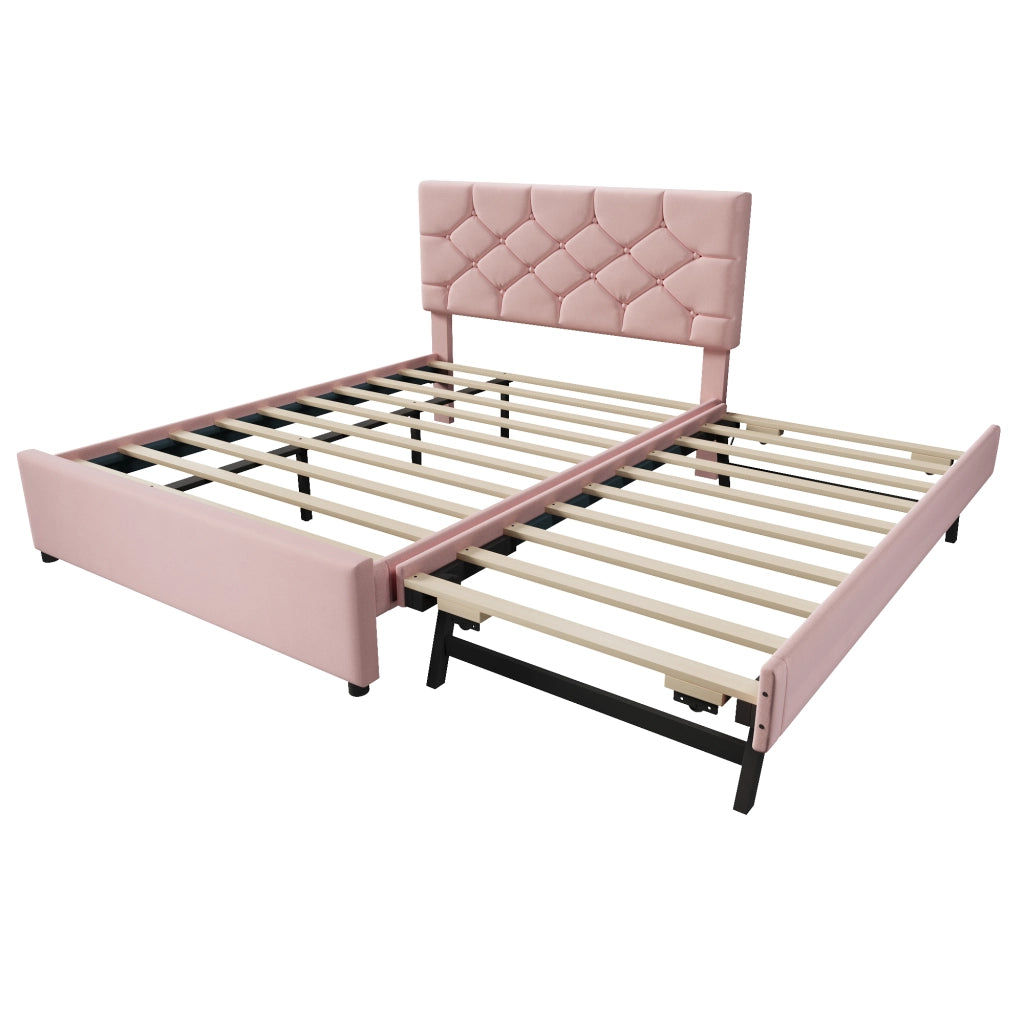 Letto imbottito 140x200 cm in velluto rosa con rete a doghe e letto estraibile, stile minimal