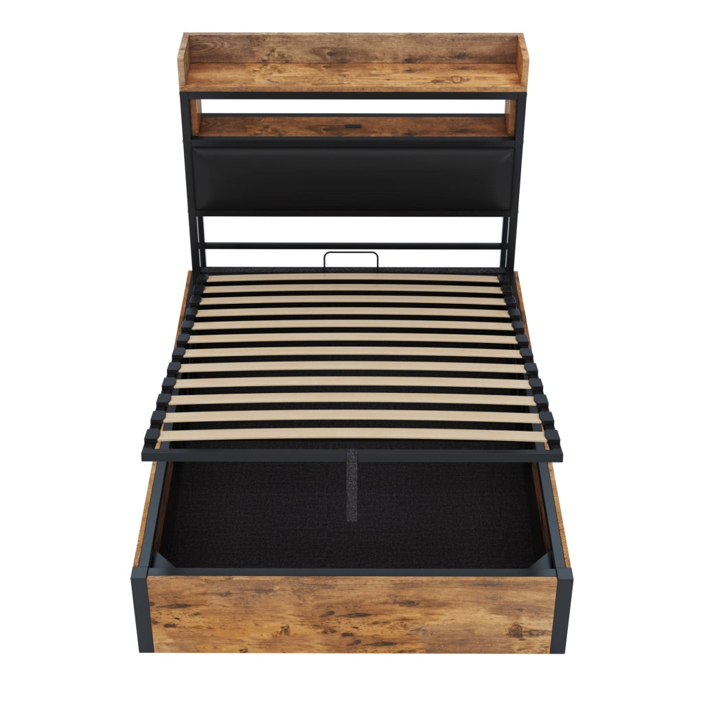 Letto contenitore 90x200 con sollevamento idraulico, USB e testiera imbottita