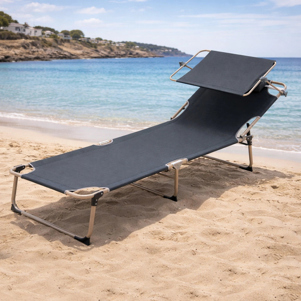 Lettino Prendisole da Spiaggia Pieghevole 62x180x 28 cm Schienale Reclinabile con Parasole in Tessuto Oxford Grigio