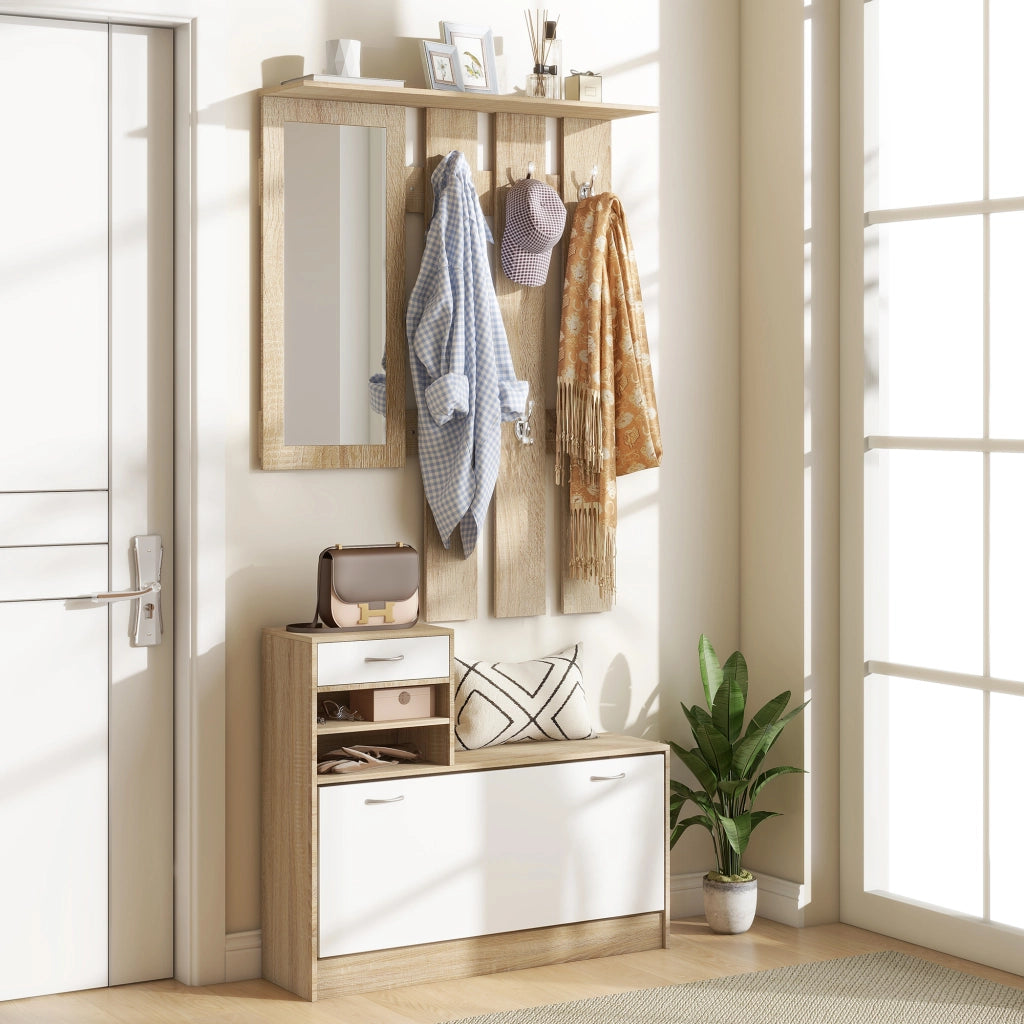 Appendiabiti con specchio e scarpiera ¨C zephmum ¨C 2 pezzi, legno naturale, con cassetto e ripiani