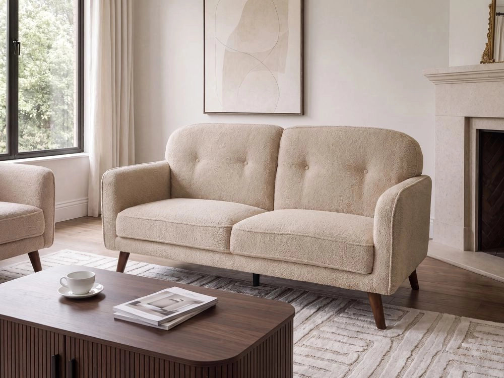 Divano a due posti beige in bouclé con imbottitura a bottoni, gambe in rovere, divanetto a due posti, stile tradizionale, soggiorno