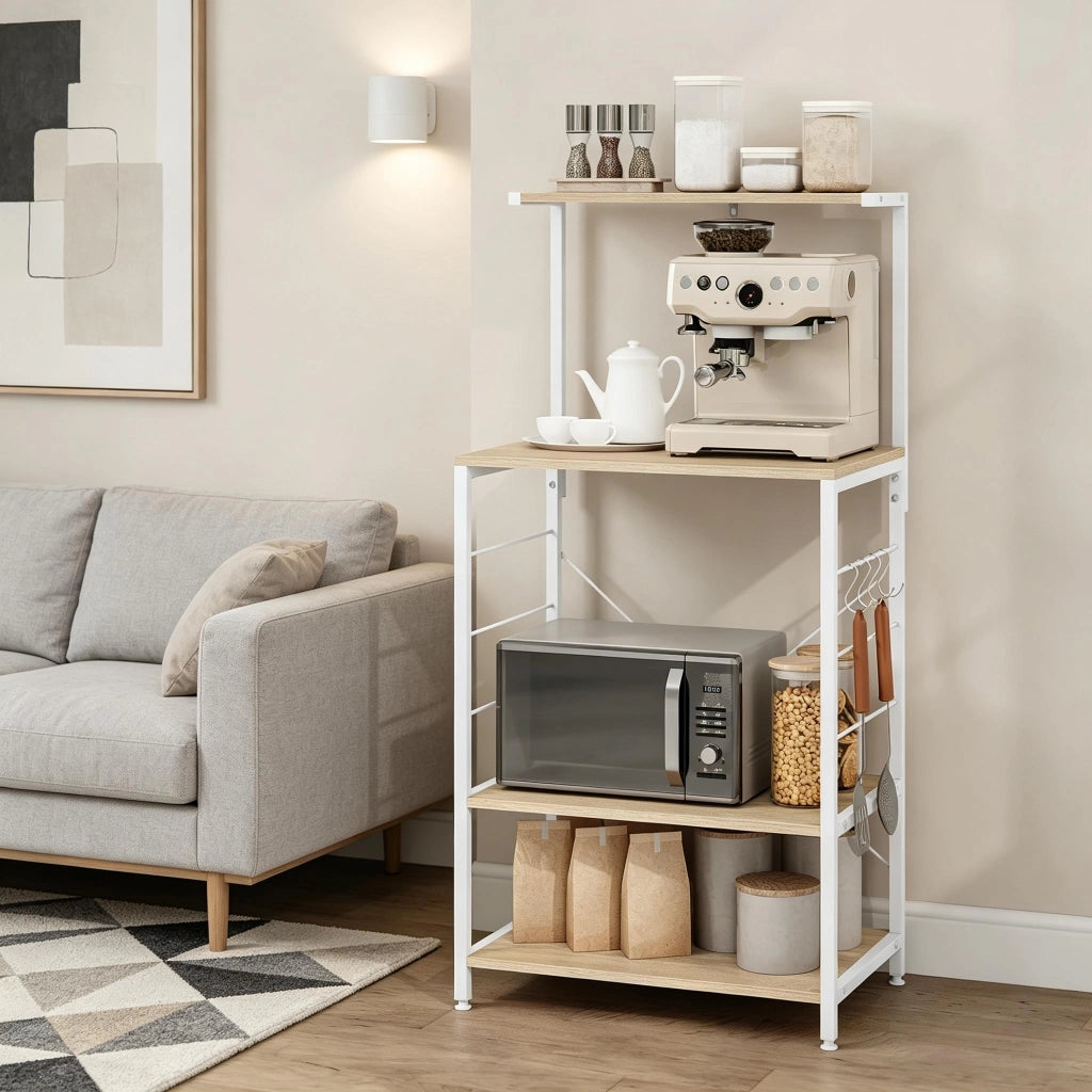 Scaffale da cucina multifunzione con 4 ripiani, struttura in acciaio e legno ingegnerizzato, bianco e rovere chiaro