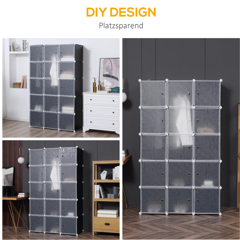 Armadio modulare con 11 cubi e 2 barre appendiabiti in plastica; nero; 111 x 47 x 183 cm
