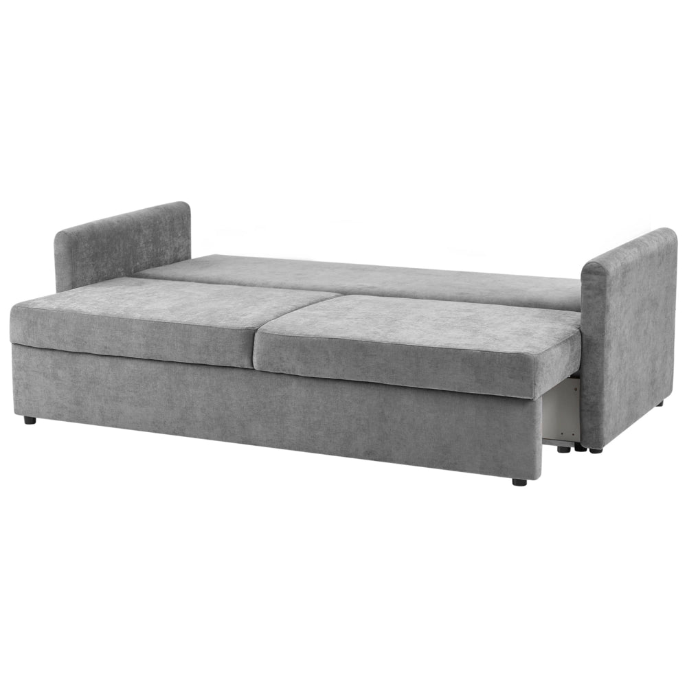 Divano letto convertibile in tessuto di ciniglia moderno con contenitore e cuscini sfoderabili grigio chiaro stile minimalista