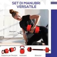 Set Pesi da Palestra 4 in 1 da 20kg, Convertibile in Kettlebell, 2 Manubri, Bilanciere e Supporto Flessioni, Rosso