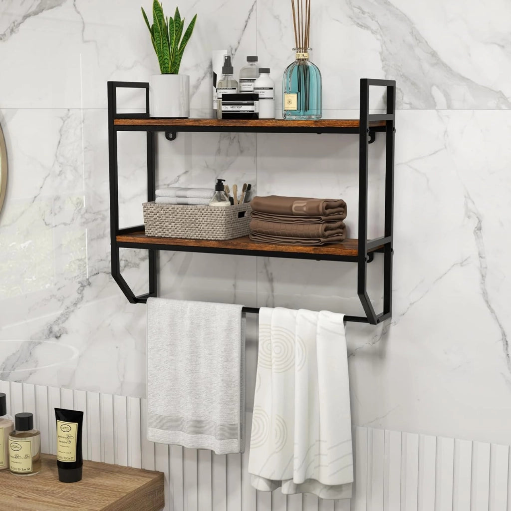 Mensole Bagno a Parete con Barra, Porta Asciugamani e Telaio in Metallo, Scaffale a Muro da Bagno 2 Livelli, Mensole da Muro in Stile Industriale per Soggiorno, Cucina, Marrone Rustico