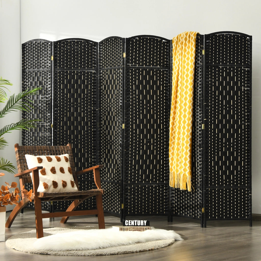 Divisori per ambienti a 6 pannelli alta 180 cm in rattan-Paravento-Schermo pieghevole per privacy con cornice in legno naturale Nero