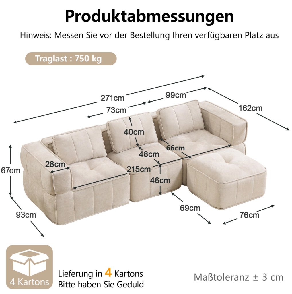 Divano modulare angolare ULEVR 3 posti con pouf, design senza telaio e seduta profonda, beige