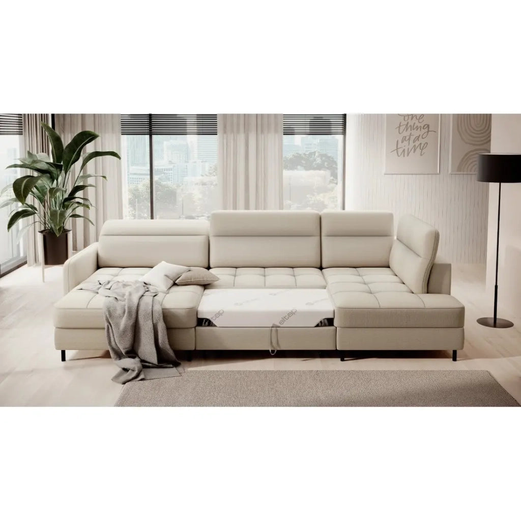 Divano angolare trasformabile BERTHO 306 cm beige – Angolo sinistro con contenitore