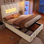 Letto imbottito 90x200 cm con contenitore idraulico; LED multicolore e testiera regolabile; beige