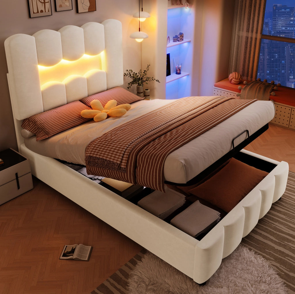 Letto imbottito 90x200 cm con contenitore idraulico; LED multicolore e testiera regolabile; beige