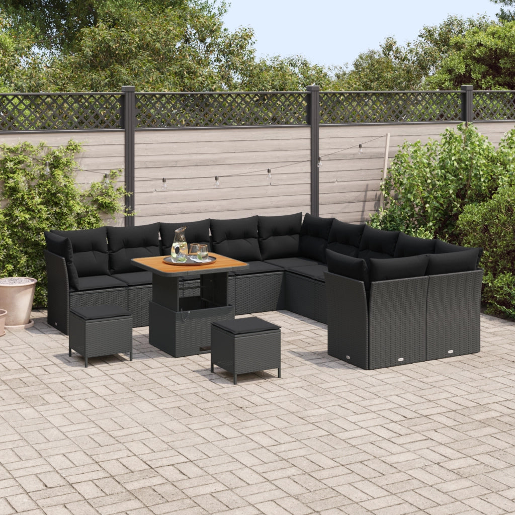 Set Divano da Giardino 13 Pezzi con Cuscini Nero Polyrattan Acacia