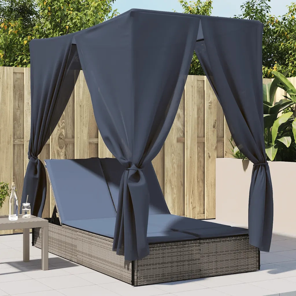 Lettino Prendisole Doppio Tetto e Tende Grigio in Polyrattan 368079