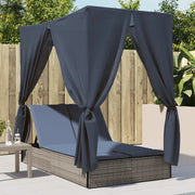 Lettino Prendisole Doppio Tetto e Tende Grigio in Polyrattan 368079