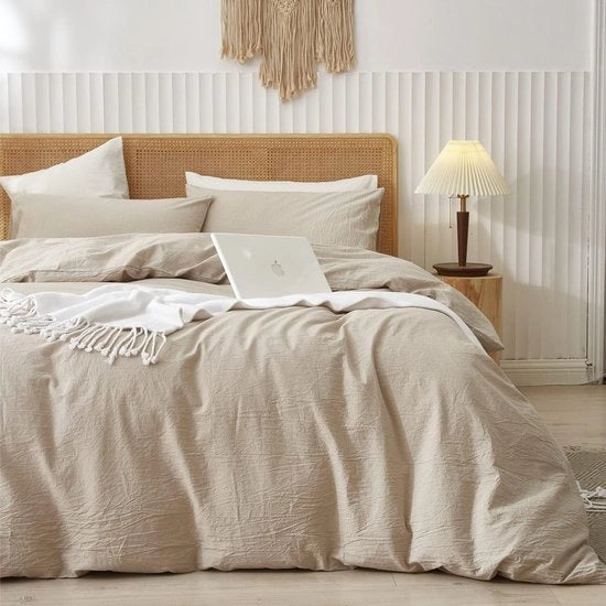 Set di coperte da letto, 220 x 240 cm, set di coperte in cotone soffice, beige, 1 coperta da letto con rinforzo + 2 coperte per cuscini 80 x 80 cm con chiusura a righello
