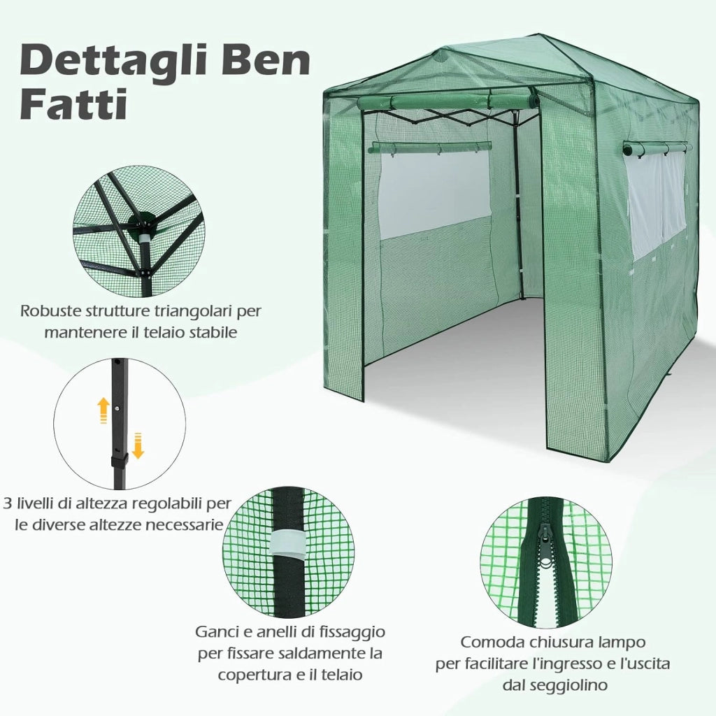 Serra per da Giardino 180 x 250 x 230 cm, Serra per Orto e Piante con Telaio Robusto, 2 Finestre Grandi e 2 Porte Arrotolabili con Doppia Cerniera, Serra da Eterno Pieghevole