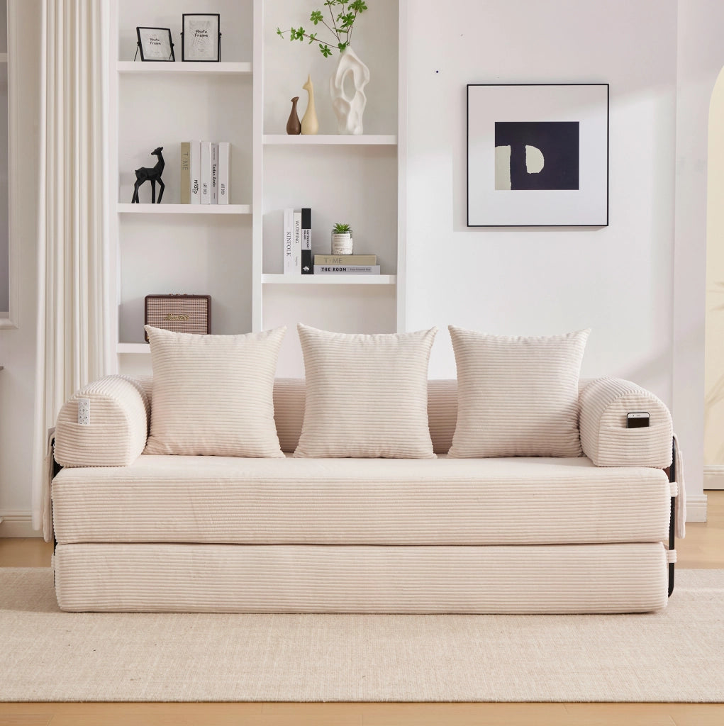 Divano modulare in velluto a coste beige con 3 cuscini; tasca laterale; 200x94x67 cm