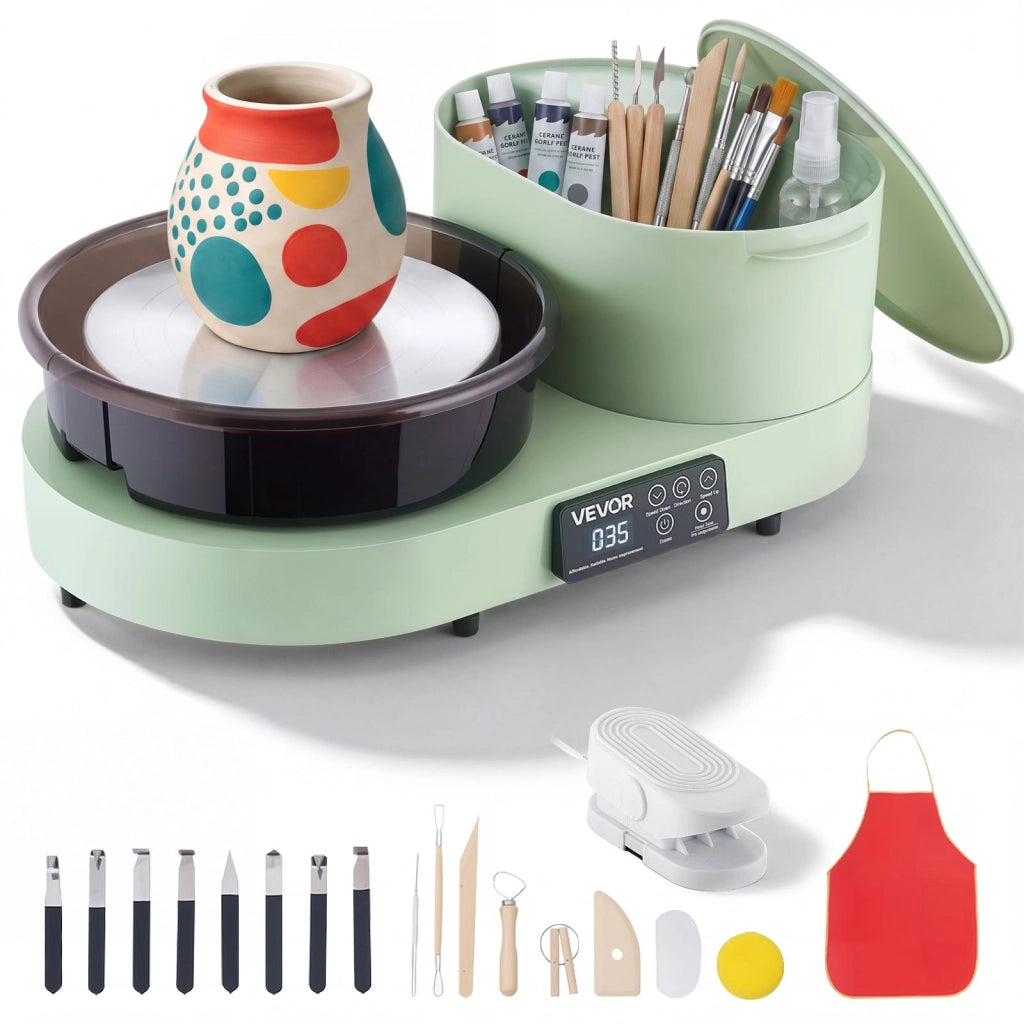 Tornio Elettrico per Argilla JCTY-032 da 450W con Piatto in Alluminio da 28cm, Velocità Regolabile 30-300 giri/min, Pedale Verde per Fai da Te
