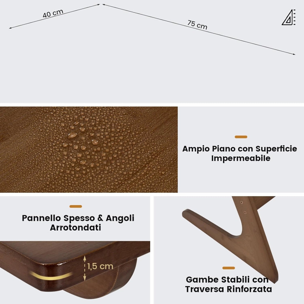Tavolino Laterale, Tavolino da Divano e Letto in Bambù con Ampio Piano per Laptop, Struttura Stabile, Design Salvaspazio per Camera da Letto, Soggiorno, Studio, 75 x 40 x 70 cm (Marrone)