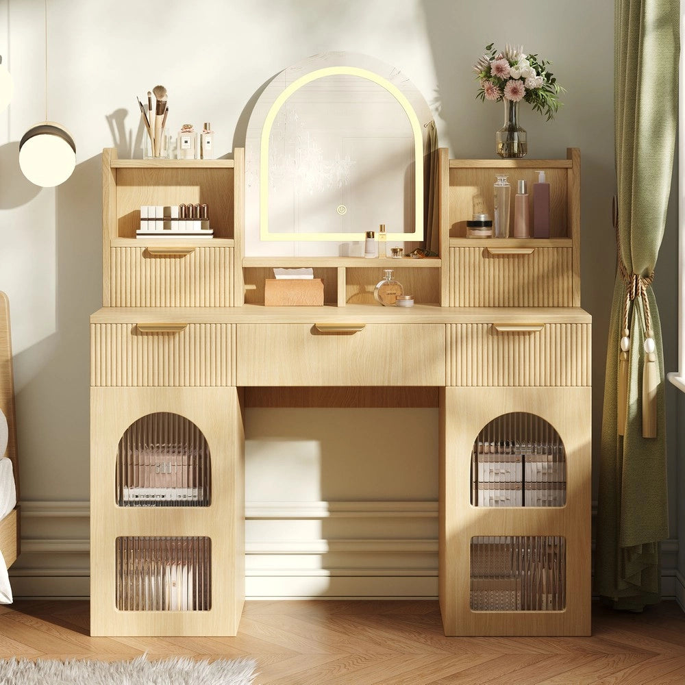 Tavolo Trucco con Specchio e LED ¨C Xylo ¨C 3 Cassetti, 2 Ante, Legno, 120x40x139.5 cm