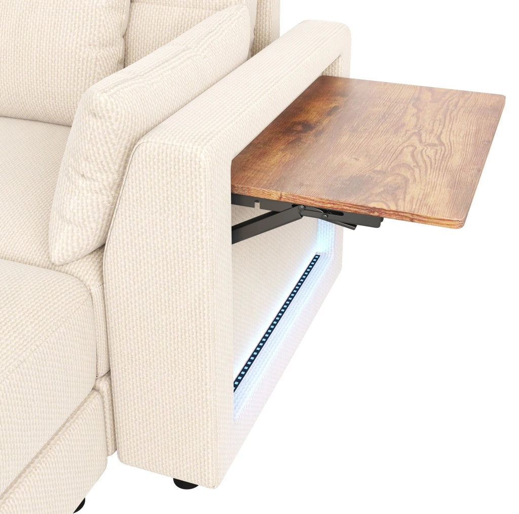 Sofa modulare U/L in chenille beige con LED; 2 pouf mobili e tavolino ribaltabile