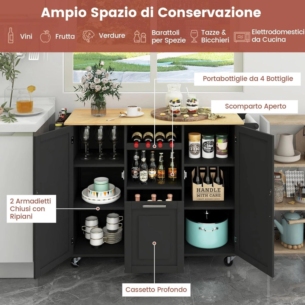 Carrello da Cucina, Isola Cucina con Piano Ribaltabile e 4 Ruote Girevoli, con Cassetto Profondo Portabottiglie Aperto e Porta Asciugamani, 130x74x90 cm (Nero)