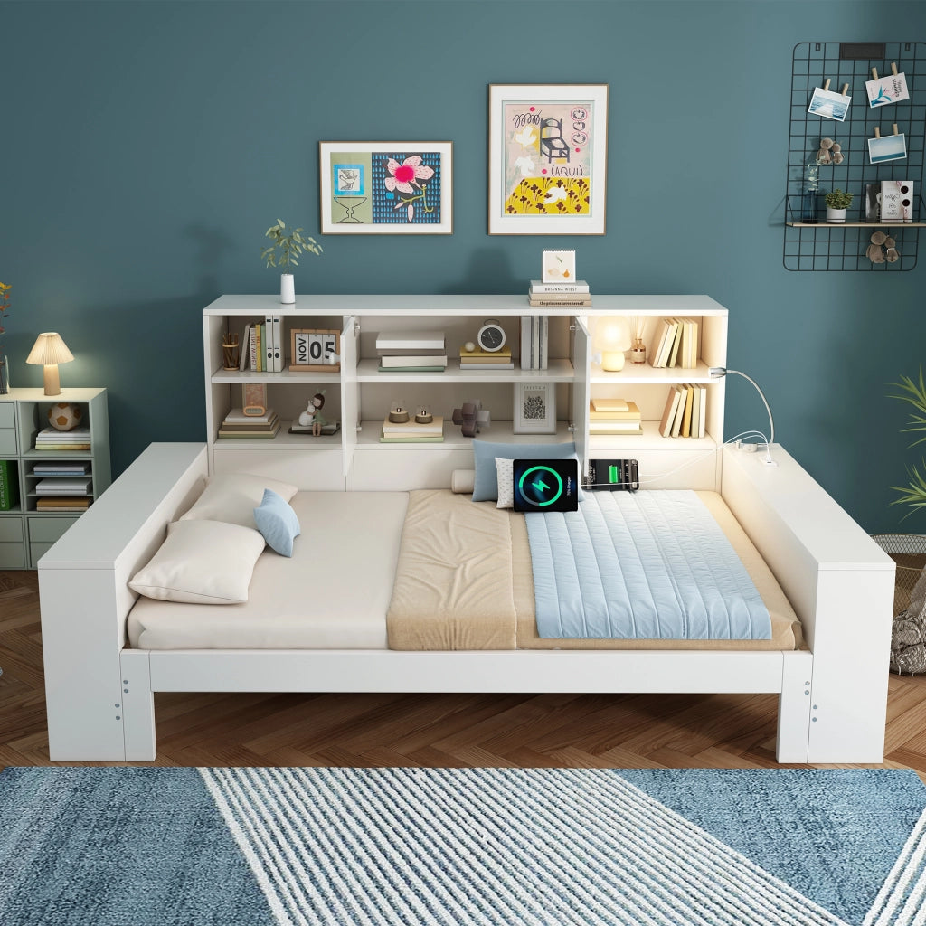 DESMIU Lit Simple 90 × 200 cm con letto estraibile, USB, Type-C e luce lettura, senza materasso, bianco