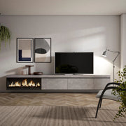 Mobile TV Soggiorno, 317x35x45cm, Camino elettrico XXL, da appendere, grigio cemento RF3667