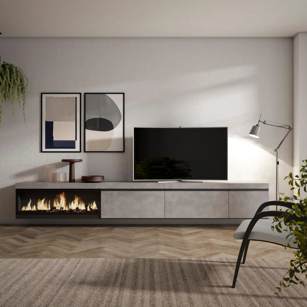 Mobile TV Soggiorno, 317x35x45cm, Camino elettrico XXL, da appendere, grigio cemento RF3667