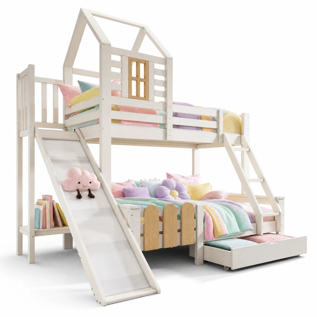 Letto a castello per bambini 90x200/140x200 cm con scivolo, scala, cassetto e rete a doghe
