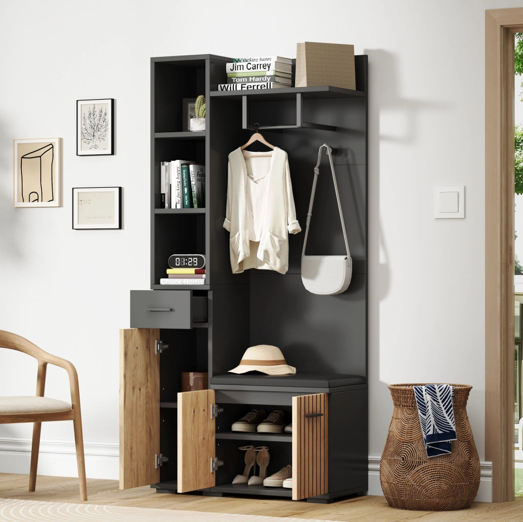 Mobile ingresso multifunzione 80 x 35 x 175 cm con 2 armadi; 1 cassetto; nero e legno naturale