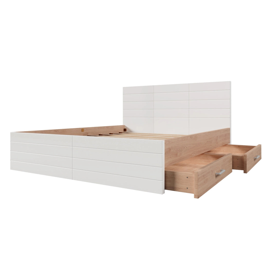 Letto matrimoniale ULEVR 180x200 cm con 2 cassetti intercambiabili e rete a doghe, bianco e rovere chiaro