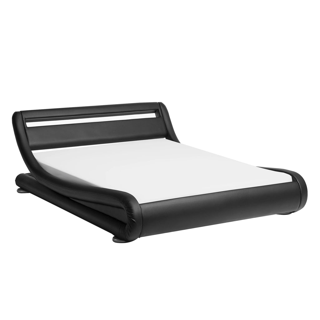 Letto a piattaforma Testiera imbottita in ecopelle nera con illuminazione a LED 140 cm 6 Design a slitta doppia
