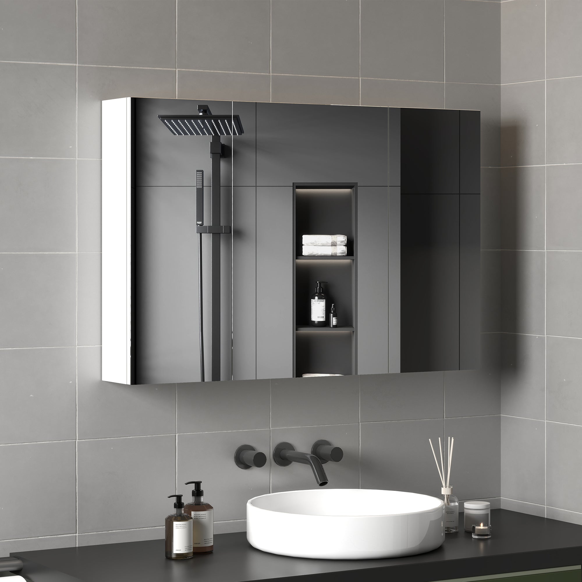 Specchio da Bagno Pensile a 3 Ante  90x13,5x60 cm Rivestimento in Melamina Bianco