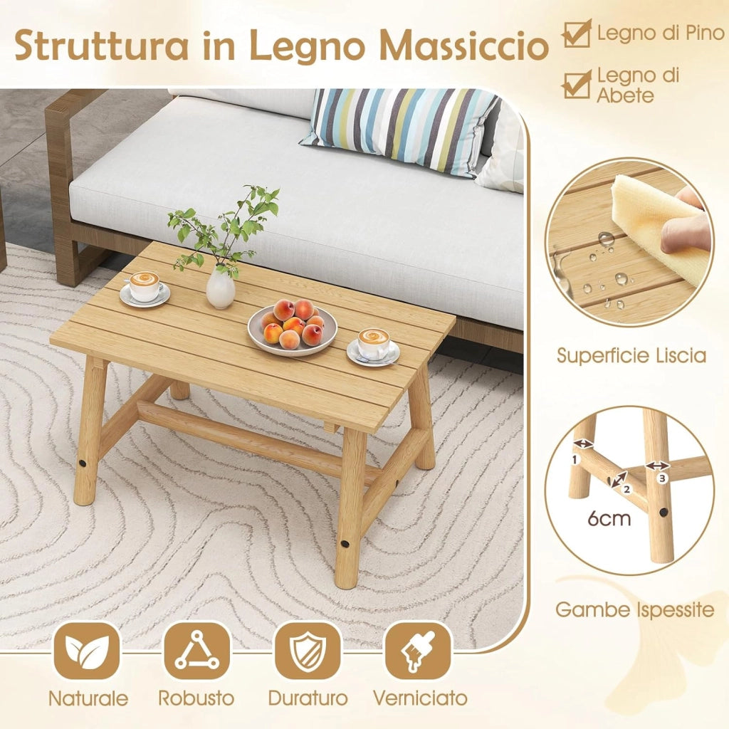 Tavolino da Caffè per Esterno, Tavolino Laterale in Legno con Piano a Doghe, Tavolo Rettangolare per Prato Balcone, Bordo Piscina, Portata 125 kg (Naturale)
