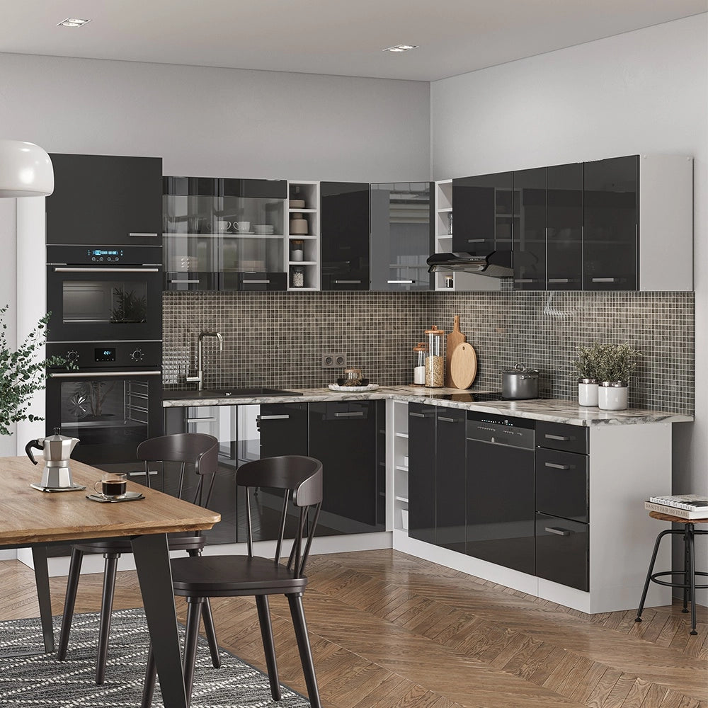 Cucina angolare completa R-Line Antracite lucido/Bianco 247 x 237 cm, PL Marmo Vicco
