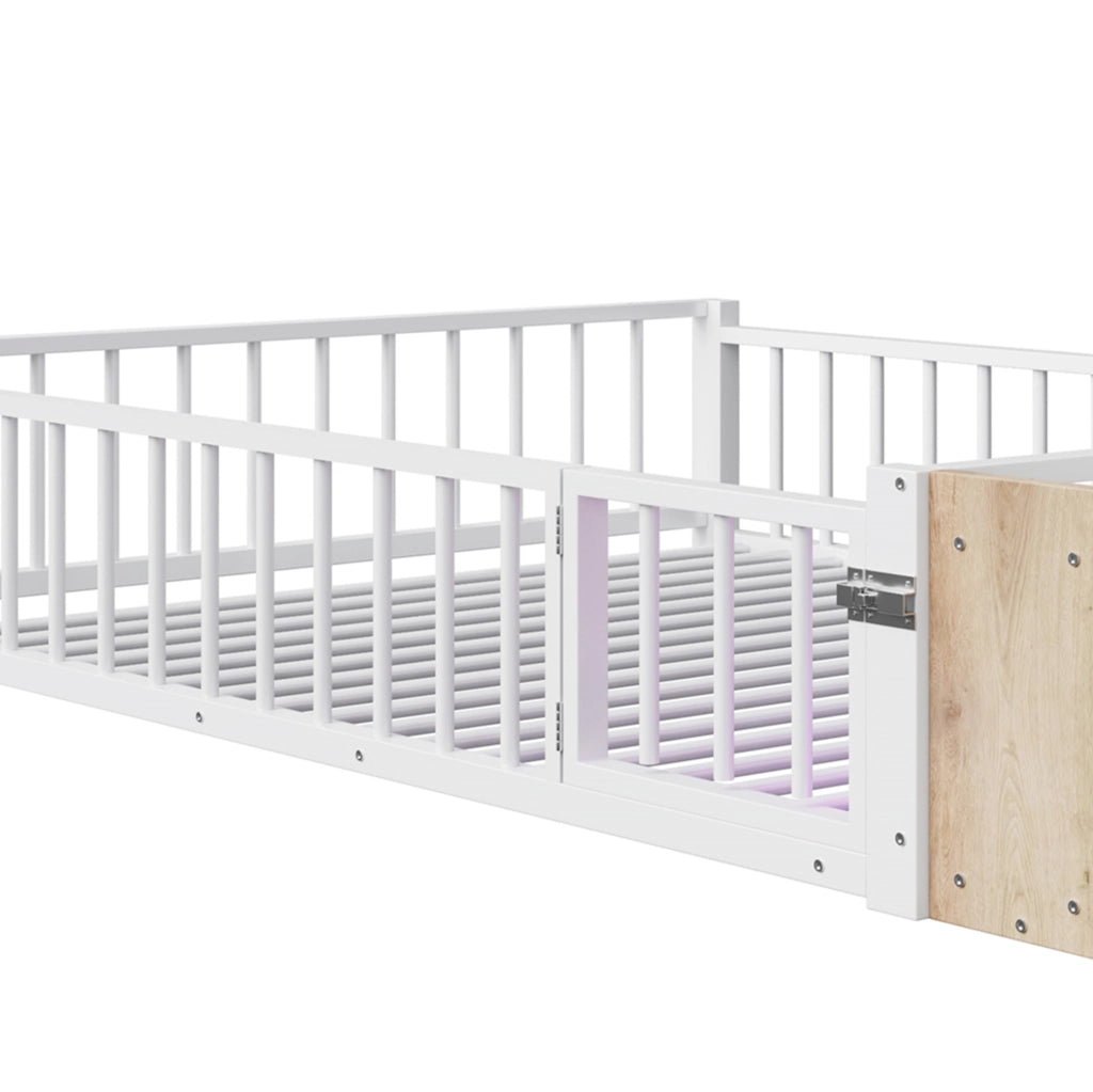 Letto 140x200 cm con sponde; vani portaoggetti e LED in MDF e metallo bianco
