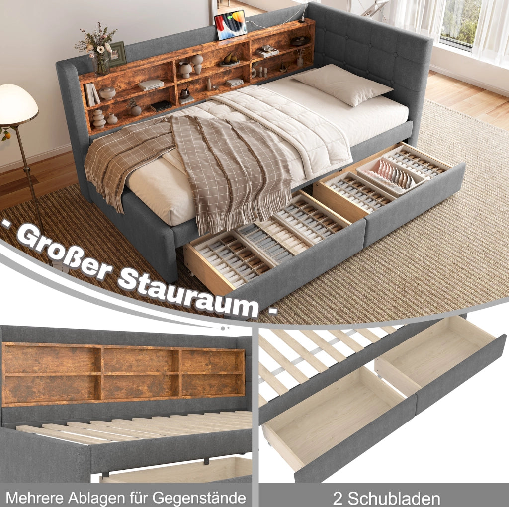 Letto da giorno ULEVR 90x200 cm con 2 cassetti, USB e Type-C, ripiani integrati, lino grigio