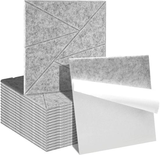 Pannelli acustici quadrati a forma di triangolo, 18 pezzi, autoadesivi, pannello acustico, isolamento acustico, velluto, pannello per parete, colore luce grigio.
