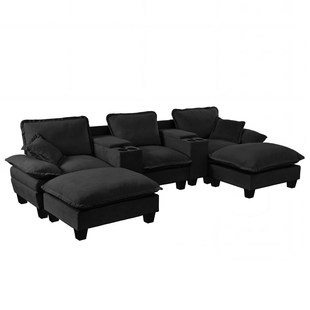 Divano panoramico a U modulare con contenitore; portabicchieri e USB in ciniglia - nero 323×151×90 cm