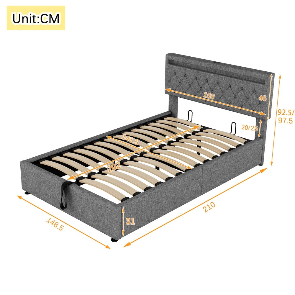 Letto Contenitore Imbottito con LED e USB ¨C MINIMAL ¨C Grigio 140x200