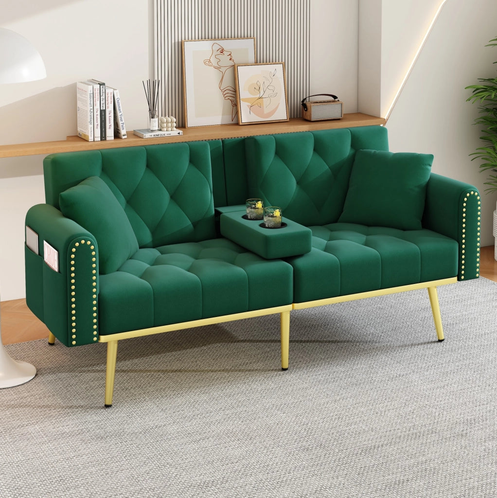 Divano letto 175x80x73，5 cm in velluto verde con portabicchiere